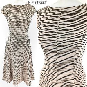 Anne Klein Drop Waist Swing Skirt Wave Pattern A-Line Stretch Jersey Midi Dress